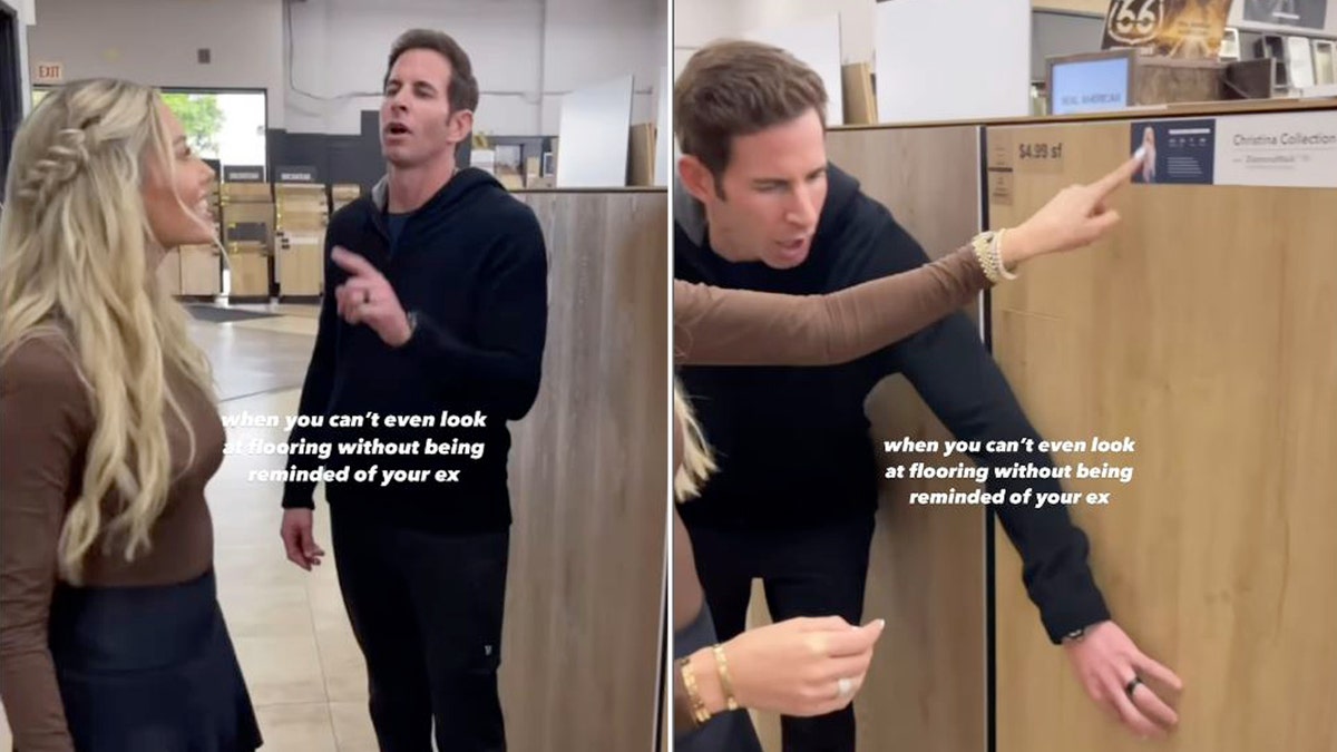 Heather El Moussa dan Tarek El Moussa menatap lantai