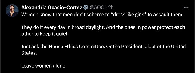 AOC me-retweet komentarnya pada hari Kamis tentang Mays dan Johnson yang membahayakan perempuan dan menargetkan Presiden terpilih Trump dan calon AG Matt Gaetz, keduanya dituduh melakukan pelecehan terhadap perempuan.