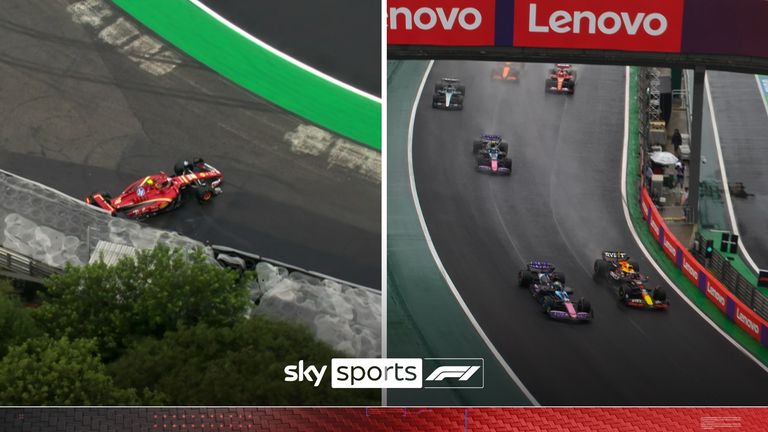 Setelah kecelakaan Carlos Sainz membuat safety car keluar, Max Verstappen menyalip Esteban Ocon untuk memimpin di Brasil.