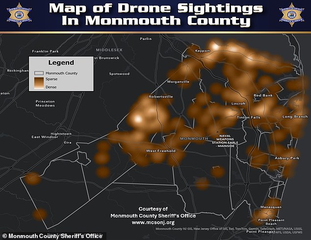 Para pejabat di Monmouth County, di mana penduduknya melaporkan 63 penampakan selama periode tersebut, membagikan peta panas yang menunjukkan di mana drone itu berputar.