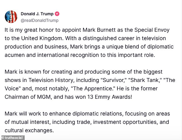 Dalam pengumuman barunya di platform media sosial Truth Social, Donald Trump menggambarkan Mark Burnett sebagai produser beberapa acara terbesar dalam sejarah TV.