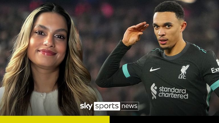 Trent Alexander-Arnold dari Liverpool melakukan selebrasi usai mencetak gol keempat timnya pada pertandingan sepak bola Liga Premier Inggris antara West Ham United dan Liverpool di Stadion London di London, Minggu, 29 Desember 2024. (Foto AP/Kirsty Wigglesworth)