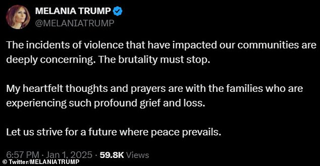 Melania Trump tidak mengonfirmasi dalam postingan X-nya apakah ledakan tersebut merupakan serangan teroris seperti prediksi Elon Musk.