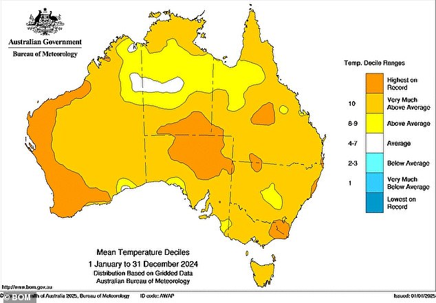 Suhu tertinggi yang tercatat di Bandara Carnarvon adalah 49,9C pada tanggal 18 Februari (gambar, suhu rata-rata di seluruh Australia pada tahun 2024)