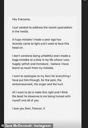 Zara membahas perselingkuhannya di postingan Instagram-nya, menulis: 'Kesalahan besar yang saya buat setahun lalu terungkap baru-baru ini dan saya ingin menghadapinya.'