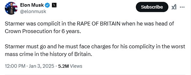 Musk kemudian menuduh Sir Keir, yang merupakan direktur penuntut umum (DPP) antara tahun 2008 dan 2013, membiarkan penjahat lolos dari pelecehan.