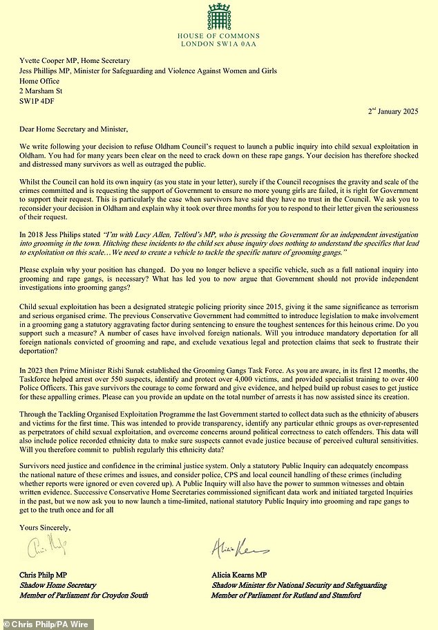 Surat kepada Menteri Dalam Negeri Yvette Cooper dan Menteri Perlindungan Jess Phillips, ditulis dan ditandatangani oleh Menteri Dalam Negeri Bayangan Chris Philp dan Alicia Kearns untuk penyelidikan nasional.