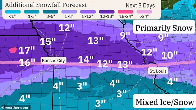 Kansas, Missouri dan Illinois diperkirakan akan menerima hujan salju paling banyak, karena peramal cuaca memperkirakan curah salju setinggi 9 hingga 16 inci.