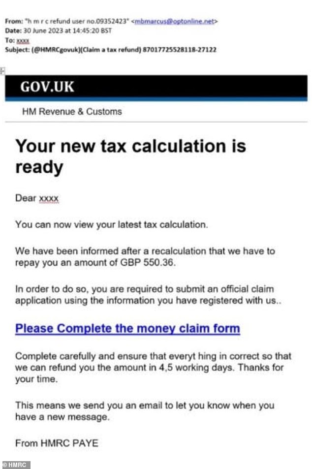 Contoh email penipuan HMRC yang menyamar sebagai formulir klaim pengembalian pajak. Peretas yang membeli domain palsu dapat mengirim email serupa dari alamat email yang tampak asli, sehingga memberikan kredibilitas lebih.