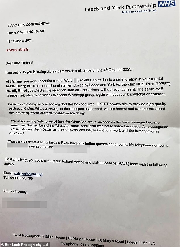 Gambar: Surat yang diterima Julie dari NHS tentang pembuatan film tanpa izinnya