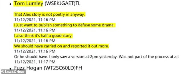 Pertukaran teks lain antara Hogan dan Tom Lumley, editor di jaringan tersebut, menunjukkan pasangan tersebut mendiskusikan versi digital dari sebuah cerita yang ditulis oleh koresponden CNN Alex Marquardt, di mana mereka sepakat bahwa itu adalah 'cerita yang setengah layak'.