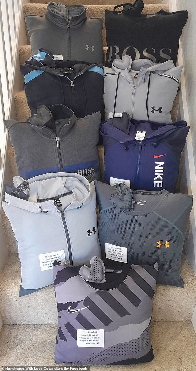 Jace mengubah track top dan T-shirt Nike, Hugo Boss, dan Under Armour menjadi bantal oleh Homemade With Love OswaldTwistle, yang berspesialisasi dalam pembuatan barang-barang buatan tangan.