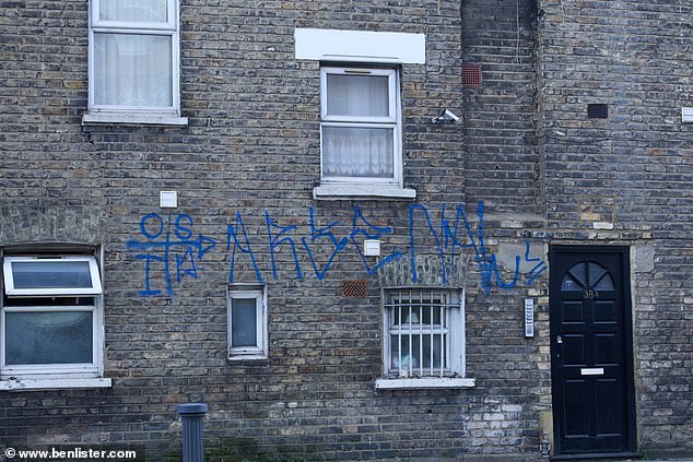 Graffiti biru di gedung bata. Ada alasan mengapa penghuni rumah bernilai lebih baik telah memilih daerah ini