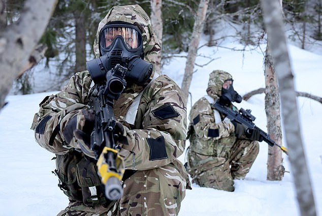 Royal Marines Don Gas Masker Saat menanggapi serangan kimia, biologis, radiologis dan nuklir selama latihan pembela konstan NATO pada tahun 2024